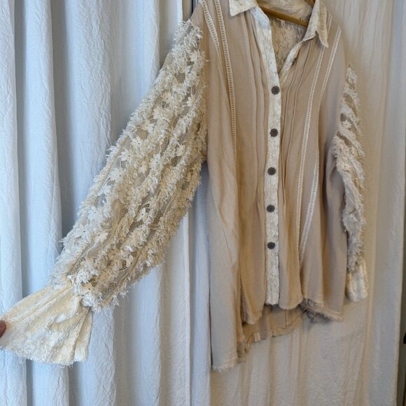 POL Anthropologie Oversized Shirt Women L Lace Long Balloon Sleeve Button Pearl - Picture 5 of 9